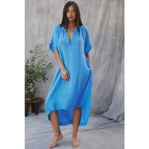 9seed Resort Tulum Cotton Gauze Coverup Dress Turquoise Blue One Size OS Comfy